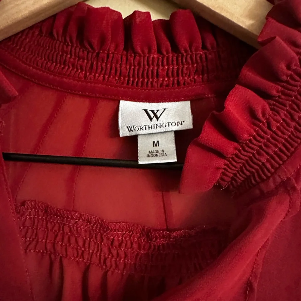Worthington Sheer Red Short Sleeve Blouse with Button Details - Picture 4 of 5